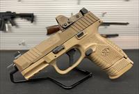 FNH FN-509 Compact Tactical 9mm Luger Semi Auto Pistol 4.32" Threaded Barrel 12/15 and 24 Rounds Ambidextrous Controls Polymer Frame Flat Dark Earth W/ SIG Sauer ROMEO 1 PRO Micro Red Dot Sight 6 MOA Red Dot FDE