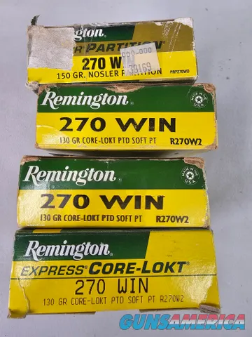 270 Win Ammo. 59 Rounds of Remington 270 Win 130 Gr Core LOKT Soft pt. 15 Rounds of Remington 150 Gr. Nosler Partition