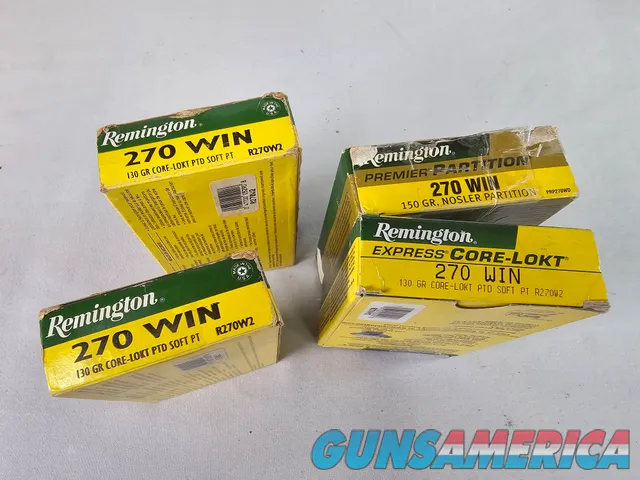 270 Win Ammo. 59 Rounds of Remington 270 Win 130 Gr Core LOKT Soft pt. 15 Rounds of Remington 150 Gr. Nosler Partition