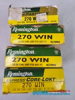 270 Win Ammo. 59 Rounds of Remington 270 Win 130 Gr Core LOKT Soft pt. 15 Rounds of Remington 150 Gr. Nosler Partition