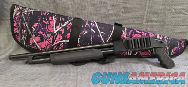 Mossberg 500 20ga 18.5" Barrel Pump Action Pistol Grip Shotgun + Pink Camo Case