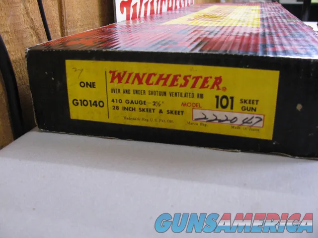7766 Winchester 101 410 ga 26 inch barrels skeet/skeet, 2 3/4&3 inch chambers, pistol grip with cap, Winchester box serialized to the gun, early good one with 2 brass beads, ejectors, vent rib, 99% CONDITION, Decelerator pad 14 1/4 lop, m