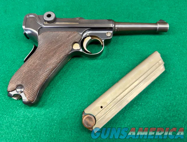 1906 DWM American Eagle Luger – All Matching #s – Grip Safety – Original Wood-Base Mag SN 46586 – VG / Fine Bore