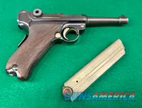 1906 DWM American Eagle Luger – All Matching #s – Grip Safety – Original Wood-Base Mag SN 46586 – VG / Fine Bore